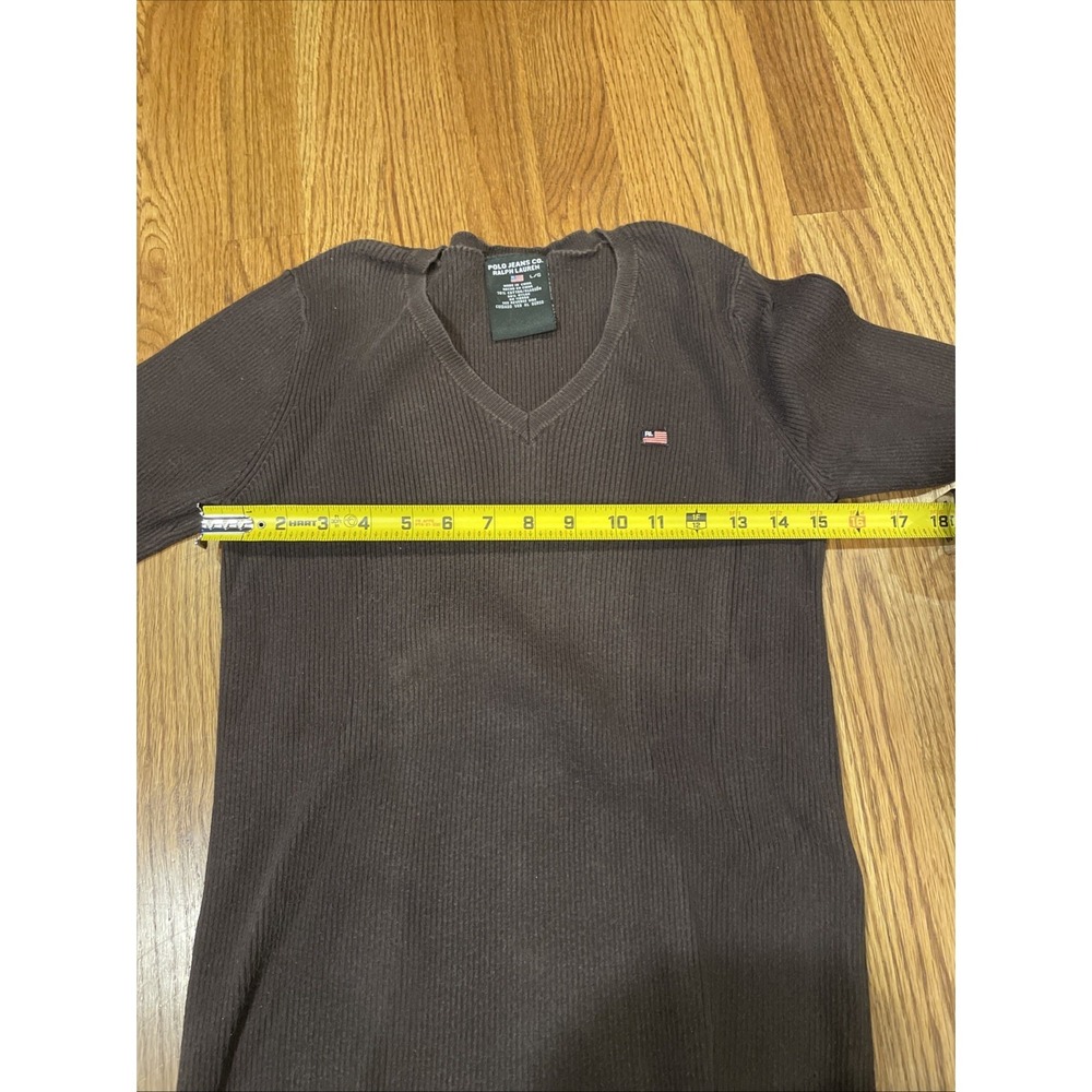 Polo‎ Jeans Co Ralph Lauren Women Sweater L Brown Ribbed V-Neck Flag Long Sleeve - Picture 6 of 8